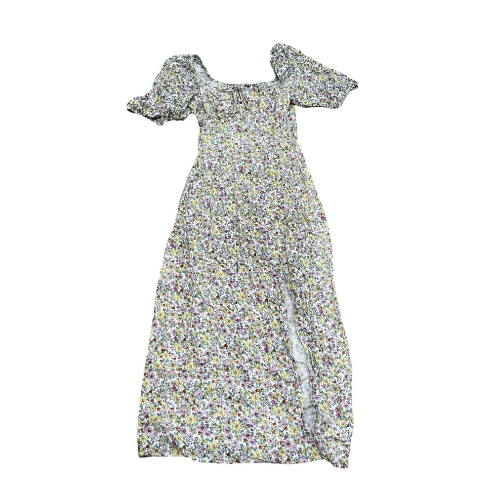 H&M Floral Dress White square neckline Puff Sleeve Tie Keyhole back smocking XS